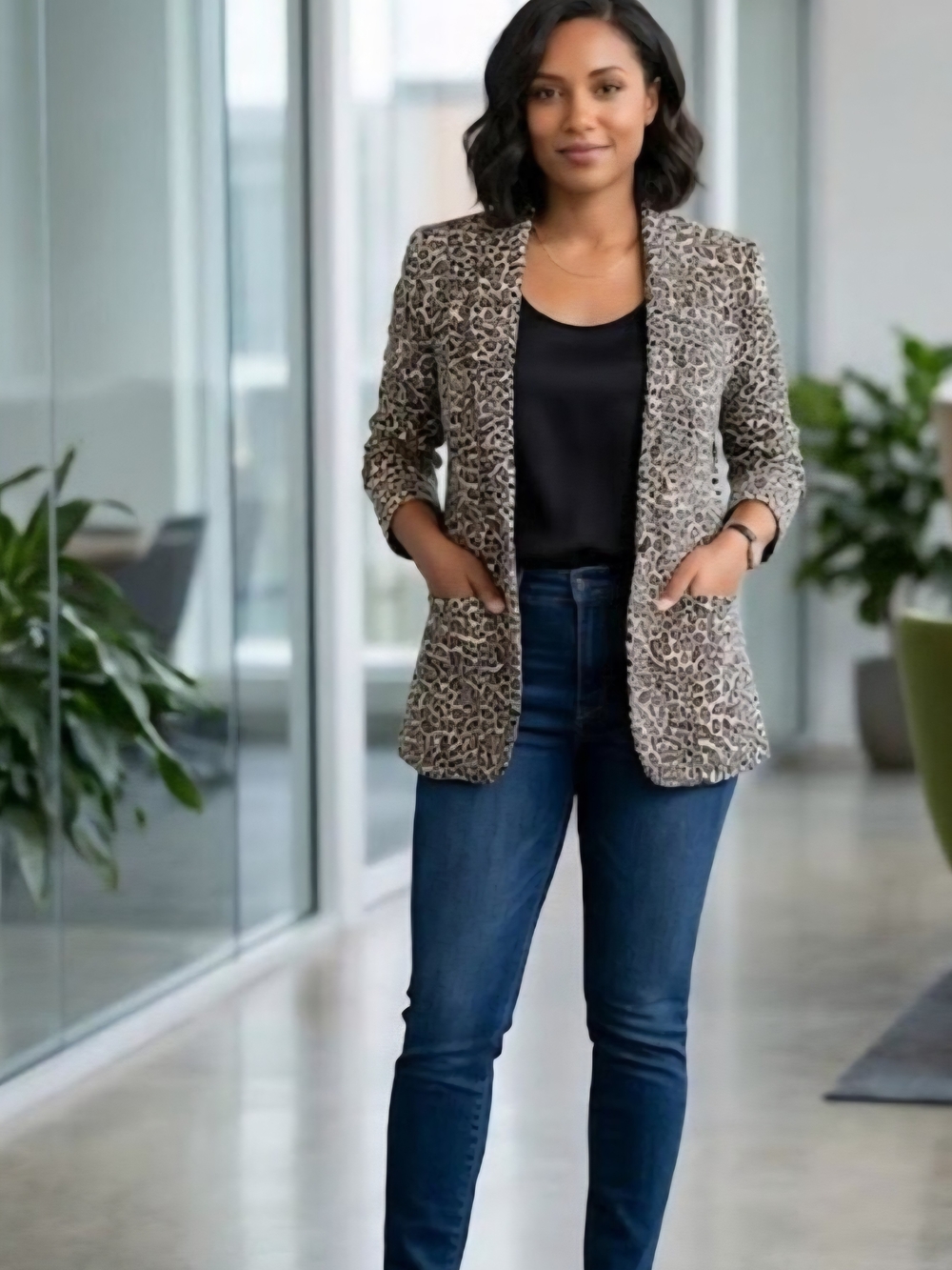 Intempo Leopard Print Blazer Jacket - Taupe/Black
